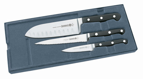 Mundial BP5000-3GE Santoku Hollow Edge, Utility Serrated and Paring Knives 3-Piece Starter Set Black