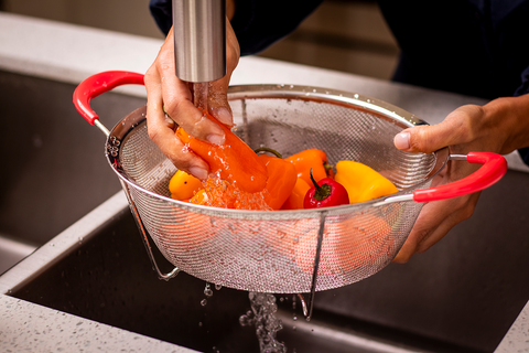 Mundial RKT-0025 Colander Strainer With Red Silicone Handles 9.inches