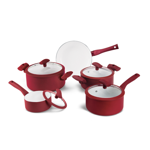 Mundial PA300-5PVM Cookware Non-stick Ceramic Coating Frying Pan & Pot Set 9-Piece Aluminum Red