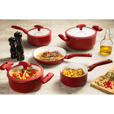Mundial PA300-5PVM Cookware Non-stick Ceramic Coating Frying Pan & Pot Set 9-Piece Aluminum Red
