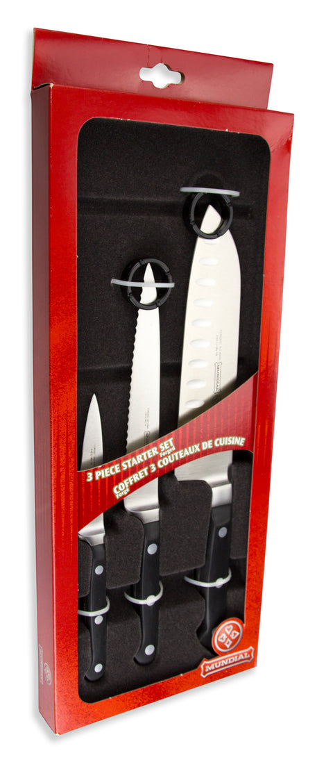 Mundial BP5000-3GE Santoku Hollow Edge, Utility Serrated and Paring Knives 3-Piece Starter Set Black