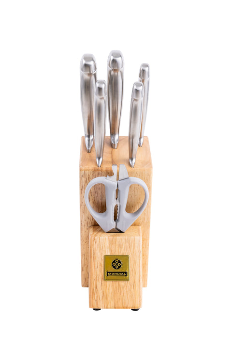 Mundial 4100-7 Knife Set With Wood Block Future Series 7-Piece Silver