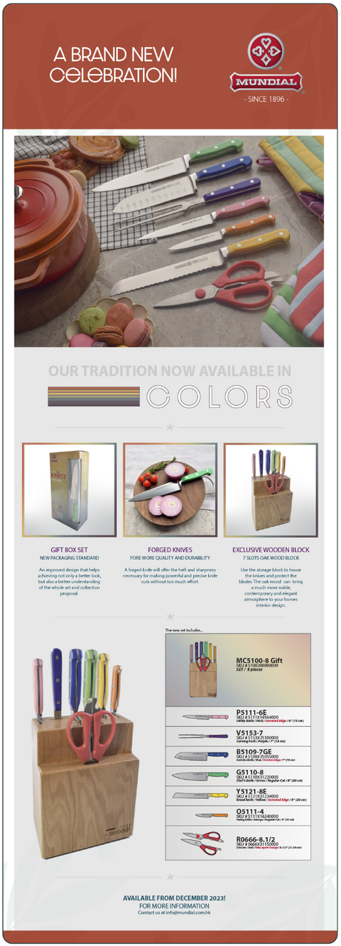 Mundial MC5100-8 Gift Knife Set With Wood Block Colors Series 8 Piece Full Tang Blade